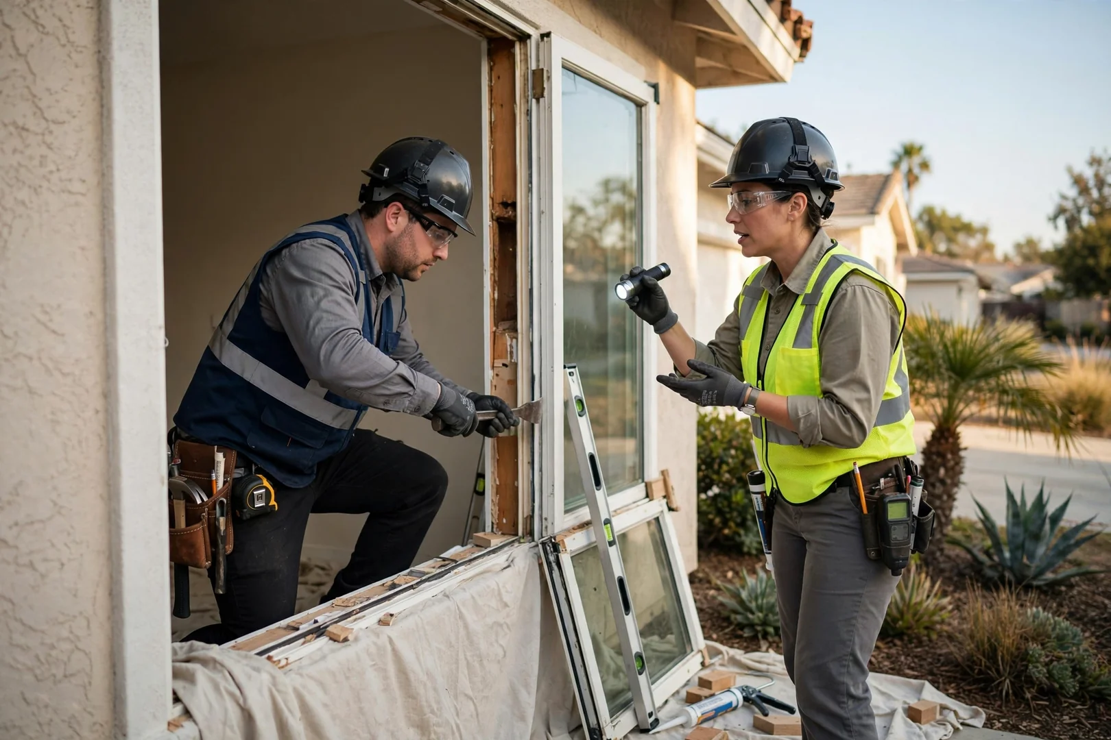 Homeowner reviewing an itemized window replacement estimate with a service advisor at a kitchen table