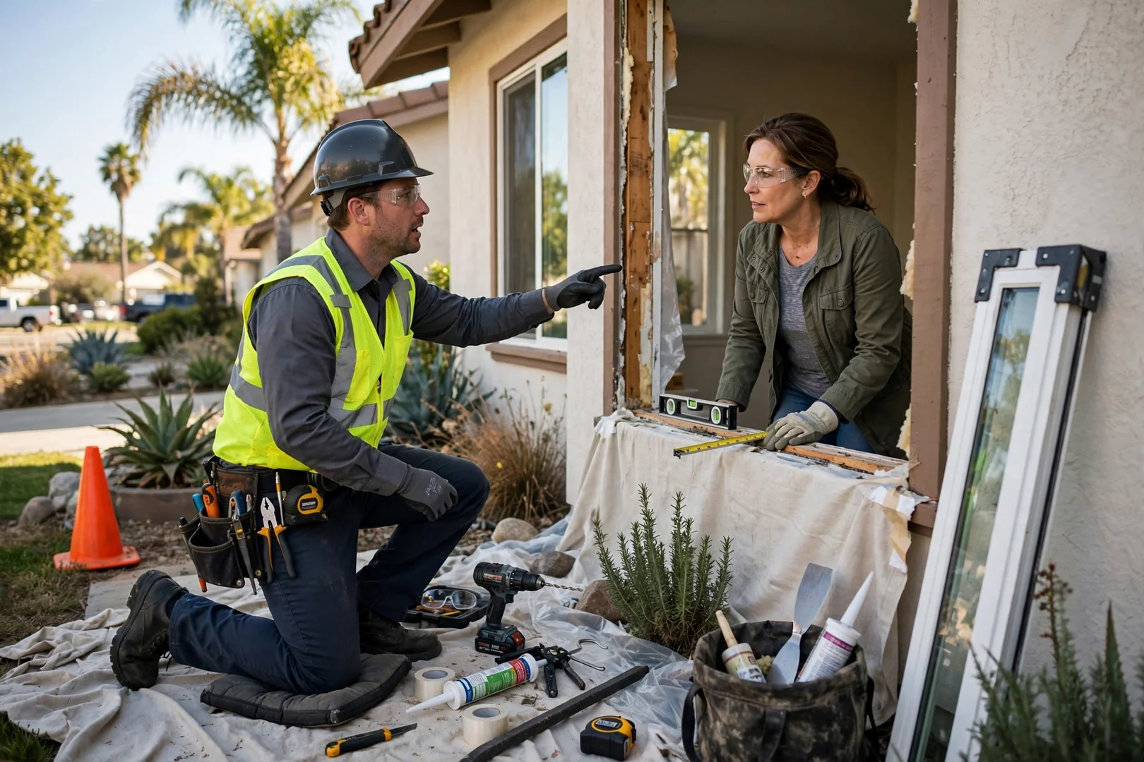 Window specialist reviewing a written replacement estimate with homeowners inside a Garden Grove home