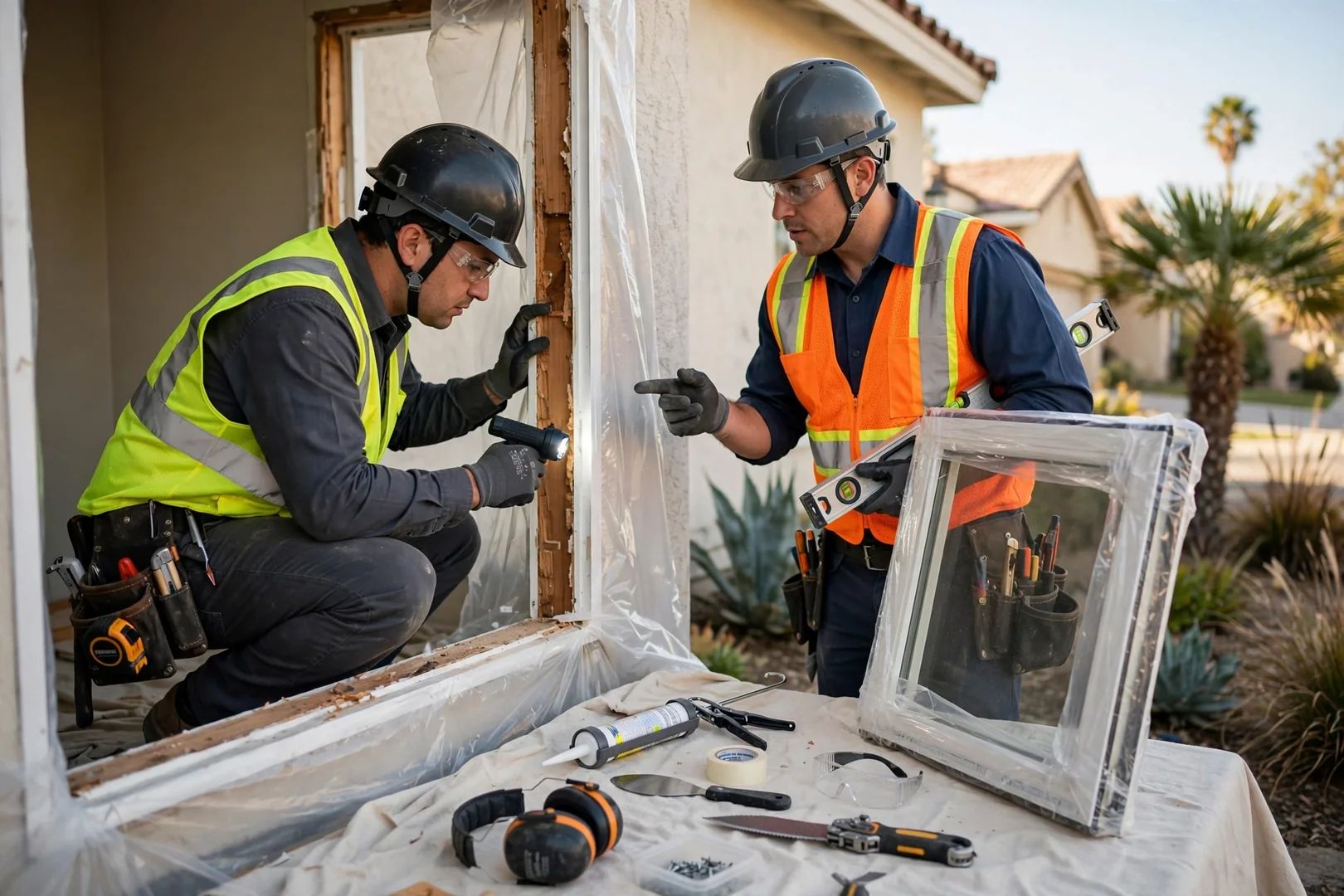 Technician setting a new double-pane window into a prepared opening on a Garden Grove home