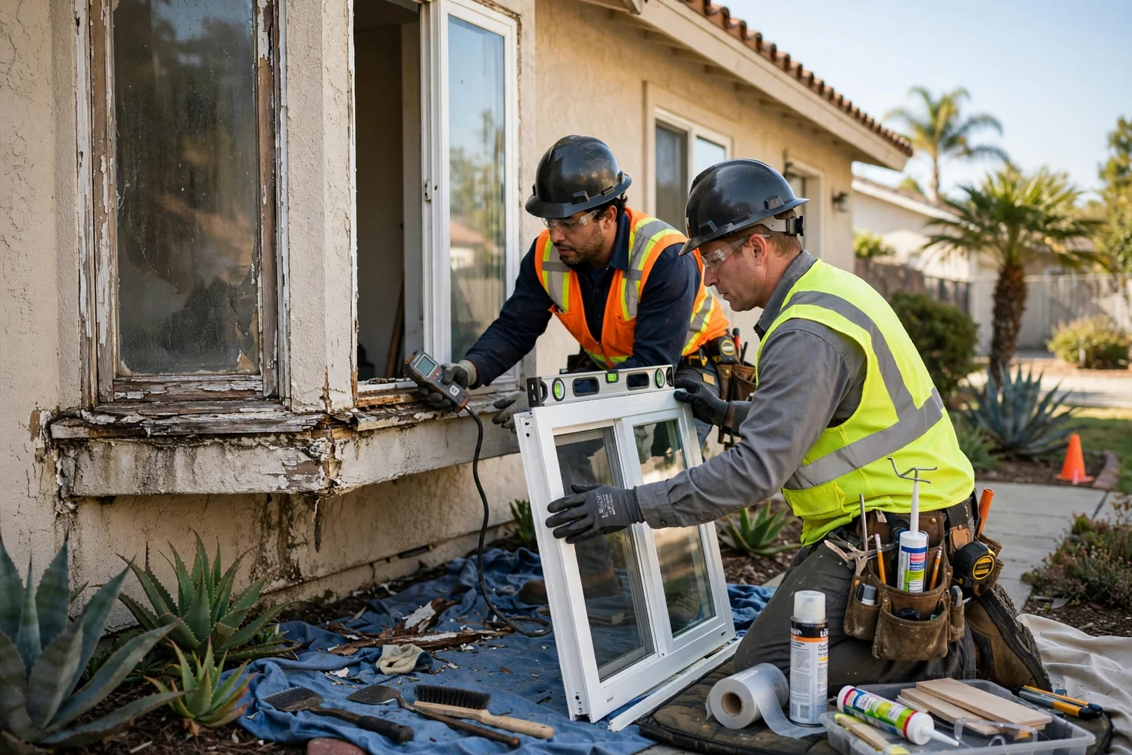 Fogged double-pane glass and corroded aluminum frame showing failed seals on an older window