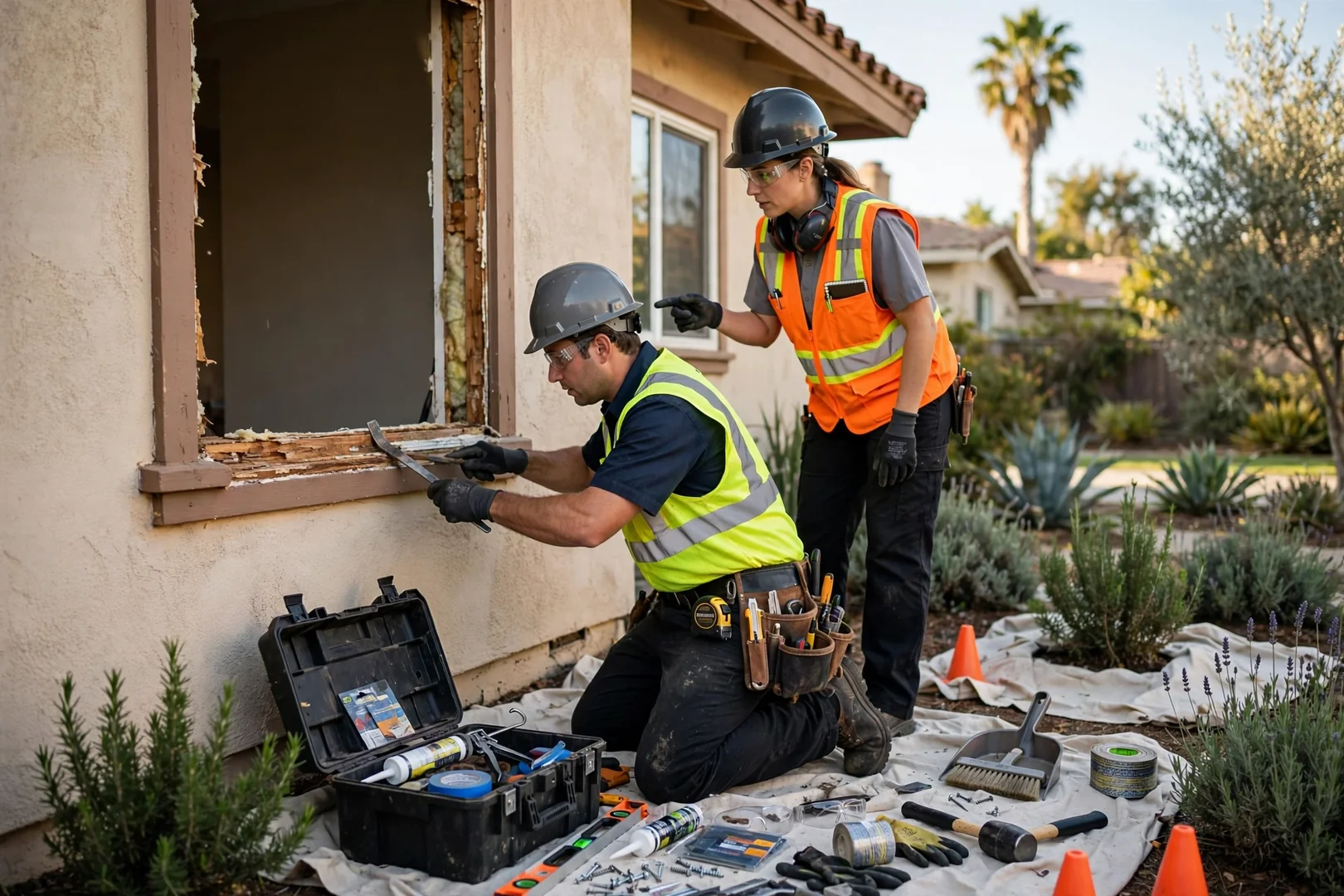 Installer measuring a rough opening during window replacement in a Garden Grove home