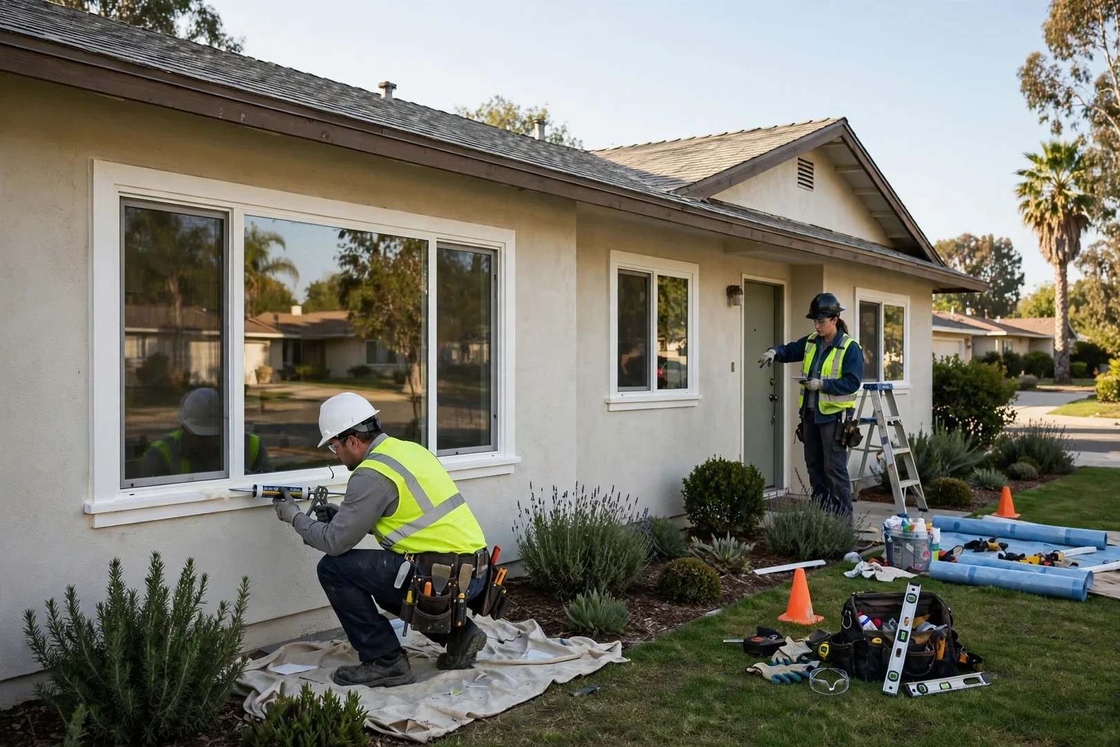 Single-story ranch home in Garden Grove with newly installed white vinyl retrofit windows across the front