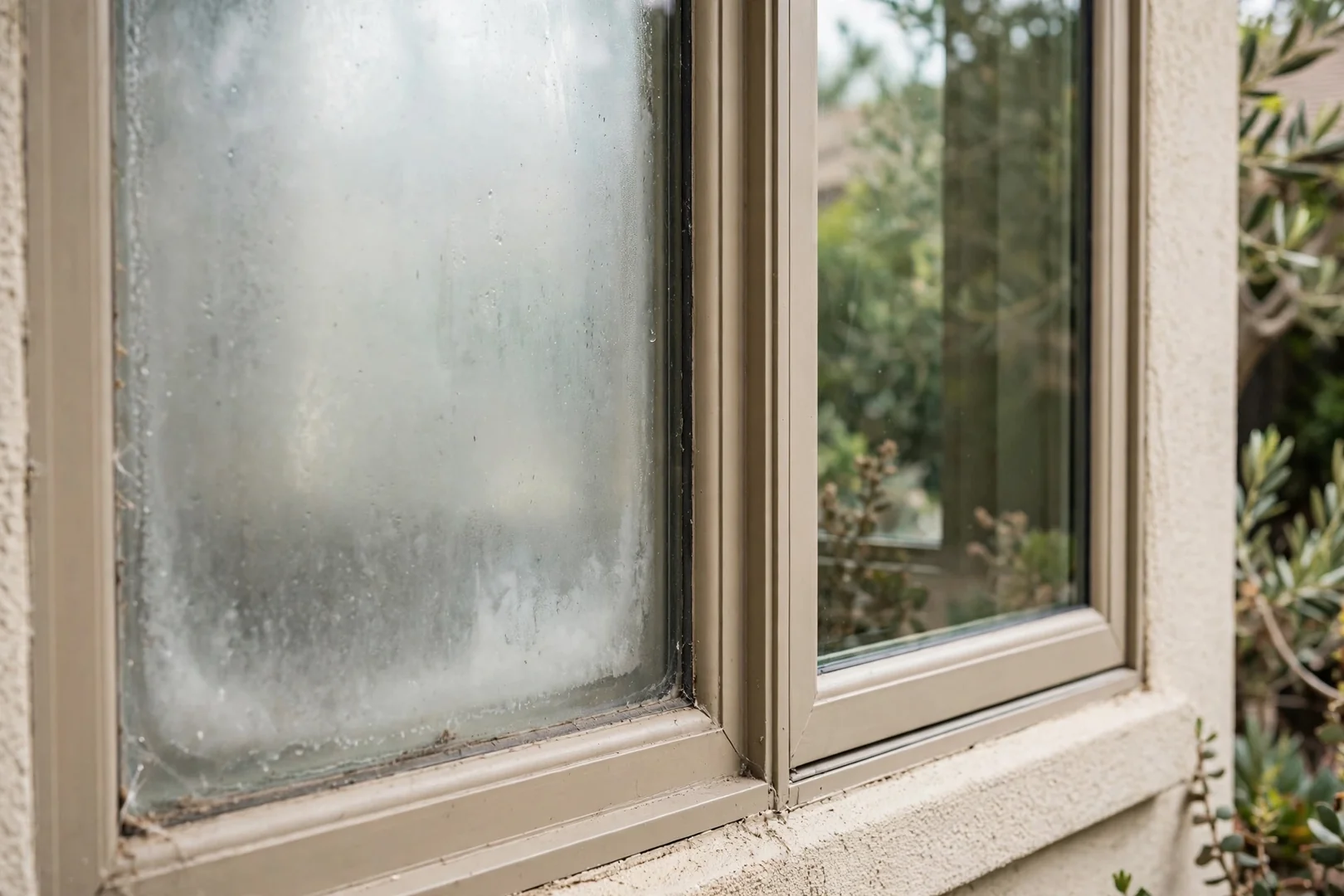 Close-up comparison of clear new dual pane glass beside a fogged failed insulated glass unit