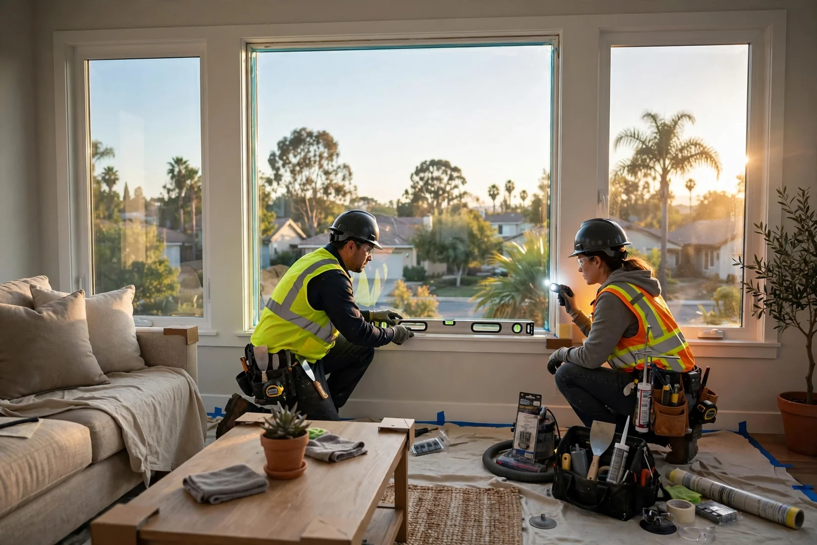 Large low-E picture window in a bright living room with afternoon sun and clear glass