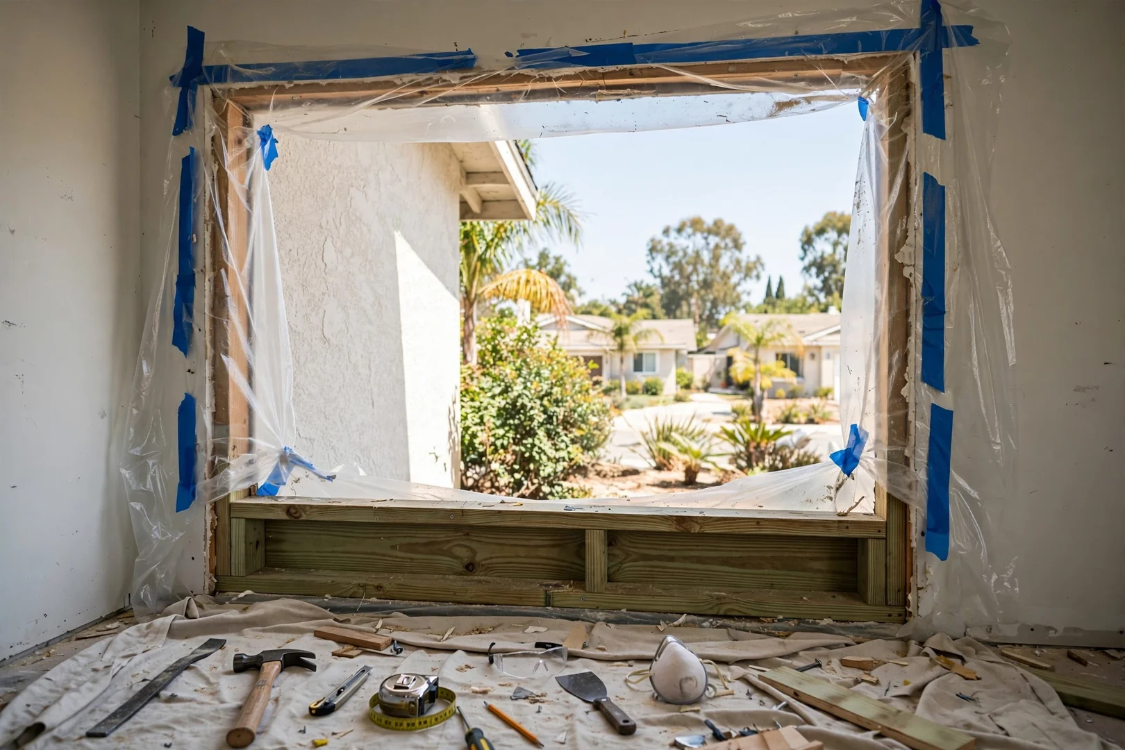 Exposed wood window opening with rotted sill removed and new framing lumber being fitted