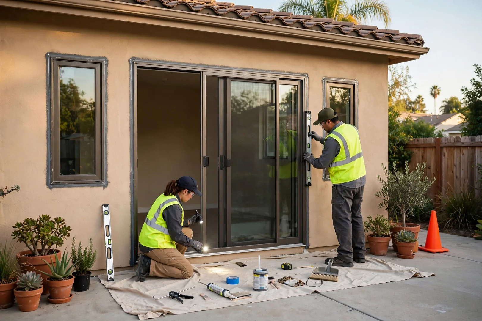 Newly installed sliding patio door and side windows opening onto a backyard patio