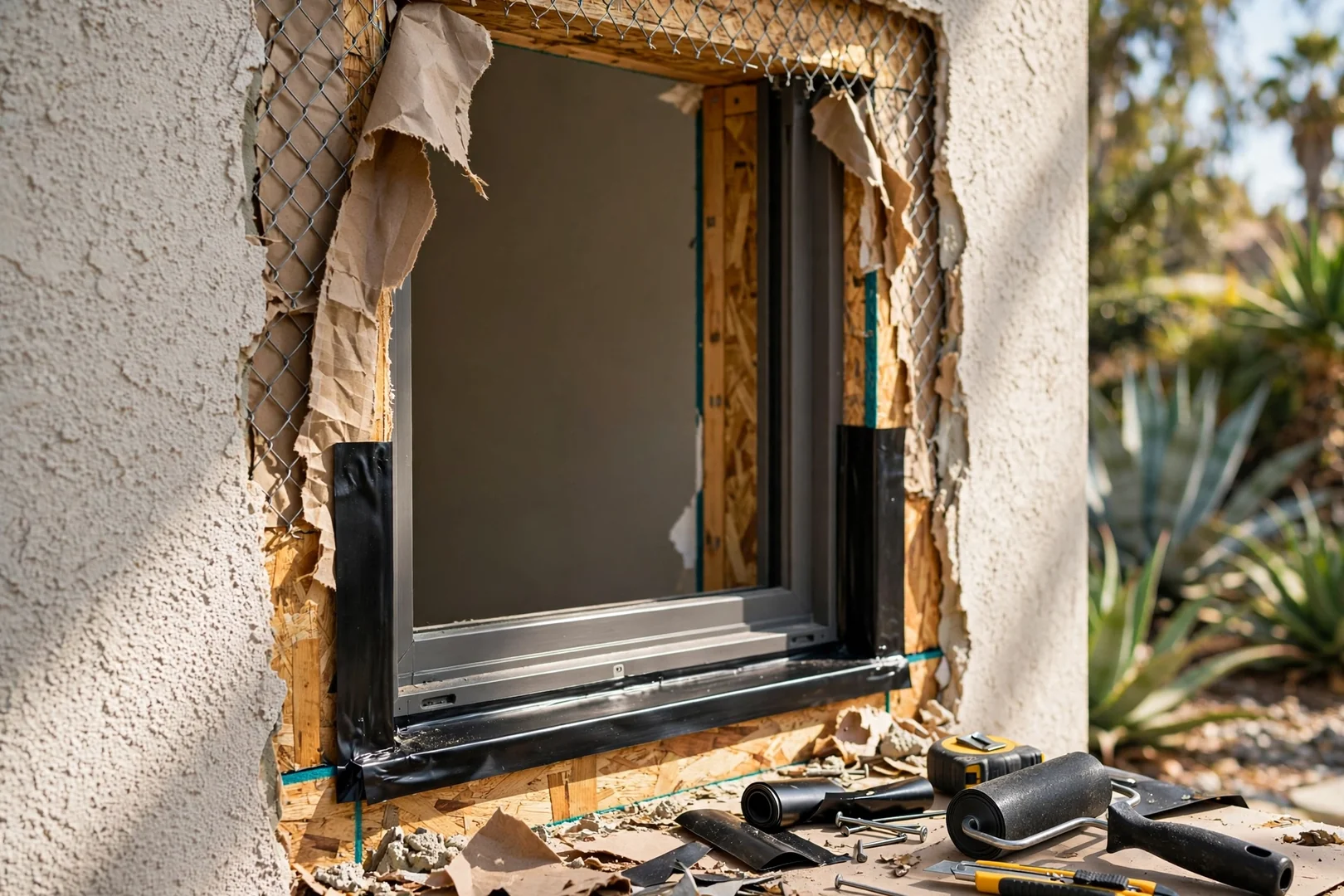 Stucco opening cut back around a window frame with flashing tape applied before finishing