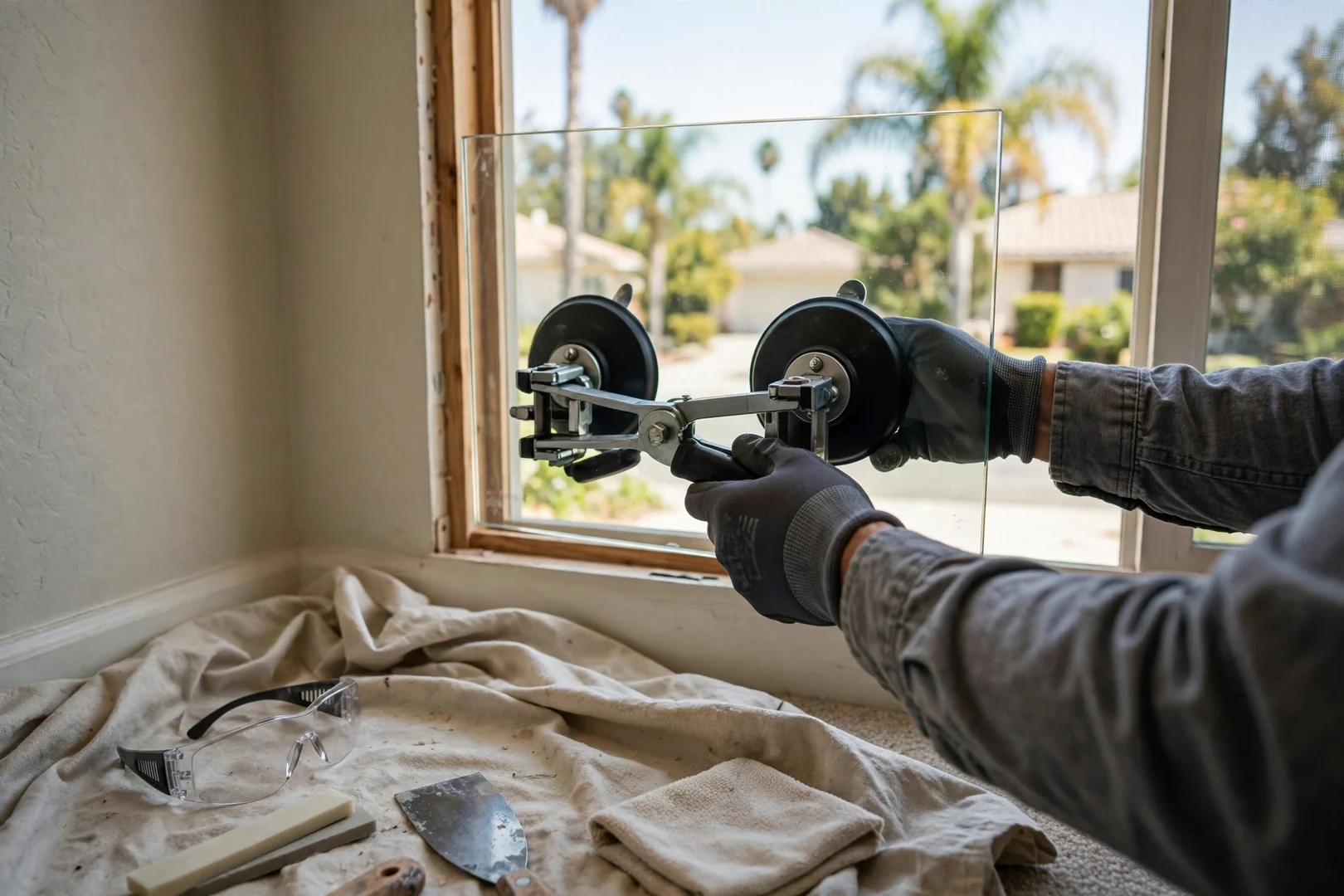 Technician gloved hands lifting a new glass pane into a bedroom window frame with suction tool