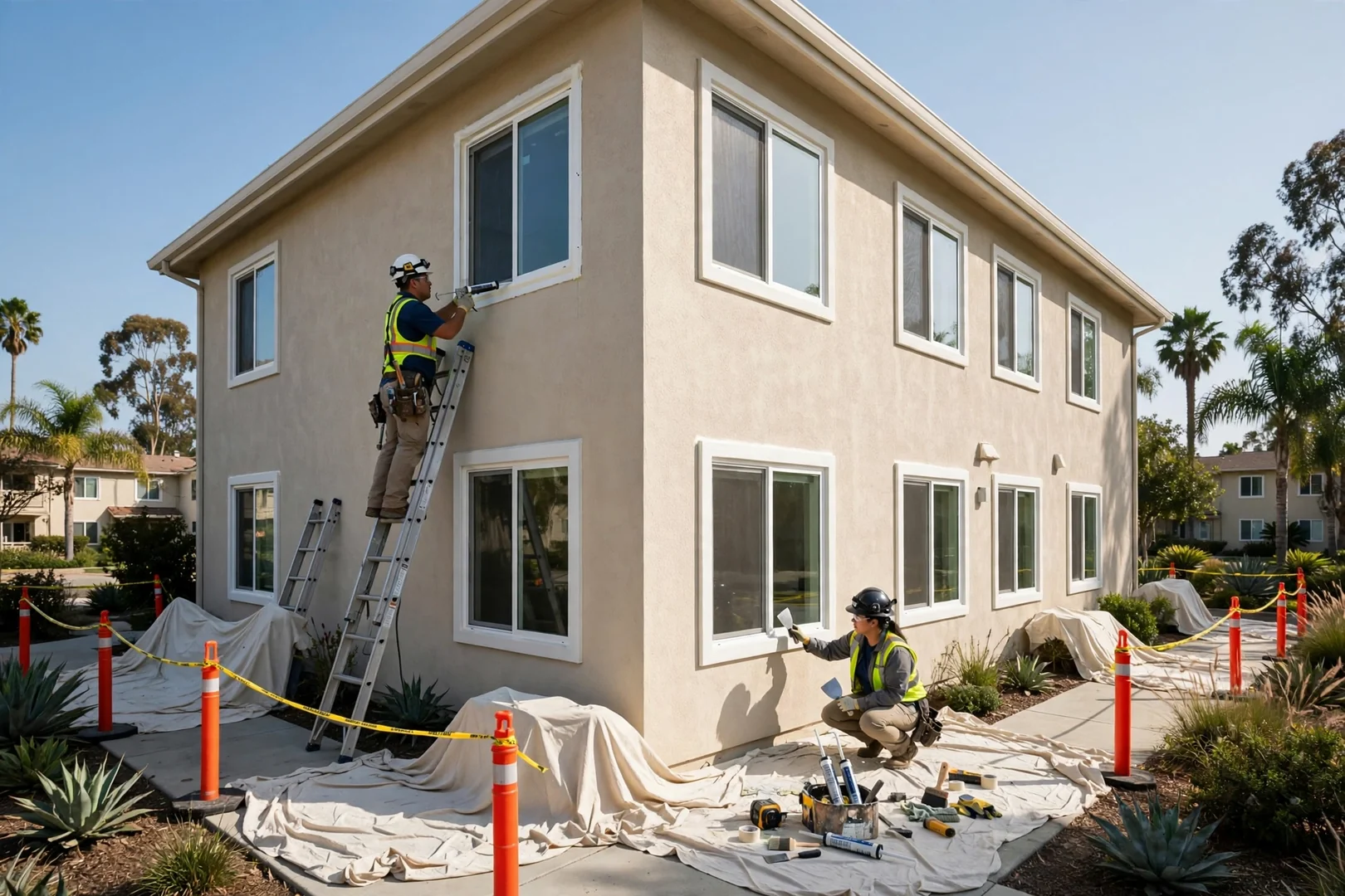 Two-story apartment building exterior with rows of newly replaced windows and protective ground coverings