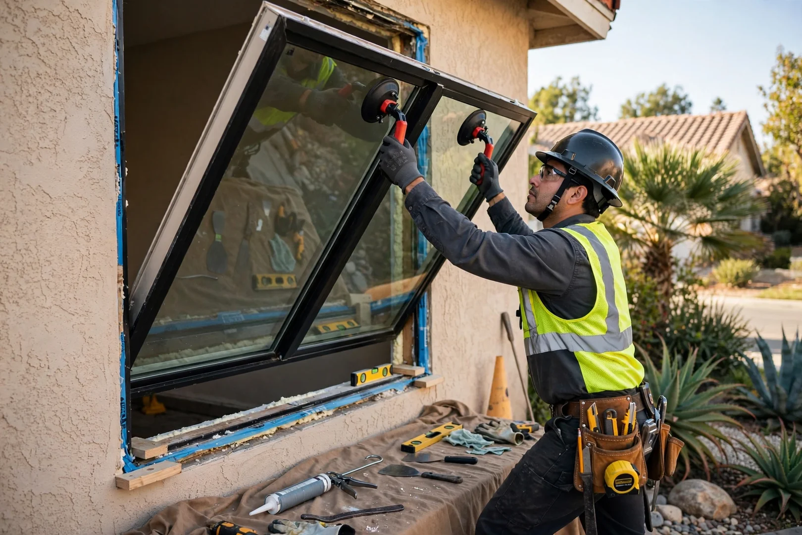 Trained technician safely lifting a dual-pane window unit into a prepared opening