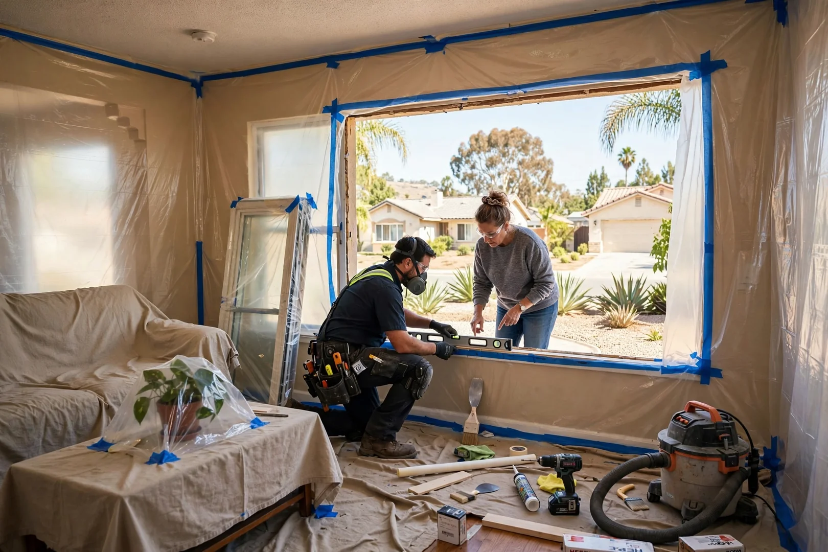 Protective drop cloths and contained work zone inside a Garden Grove living room during installation
